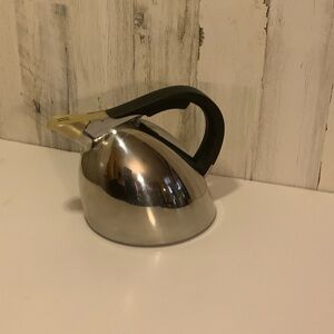 Nambe Polished Stainless Steel Tea Kettle with Black Handle